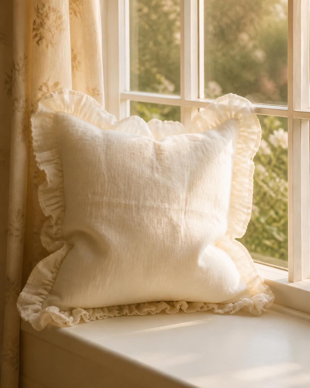 A freshly washed cream pillow resting on a sunlit windowsill